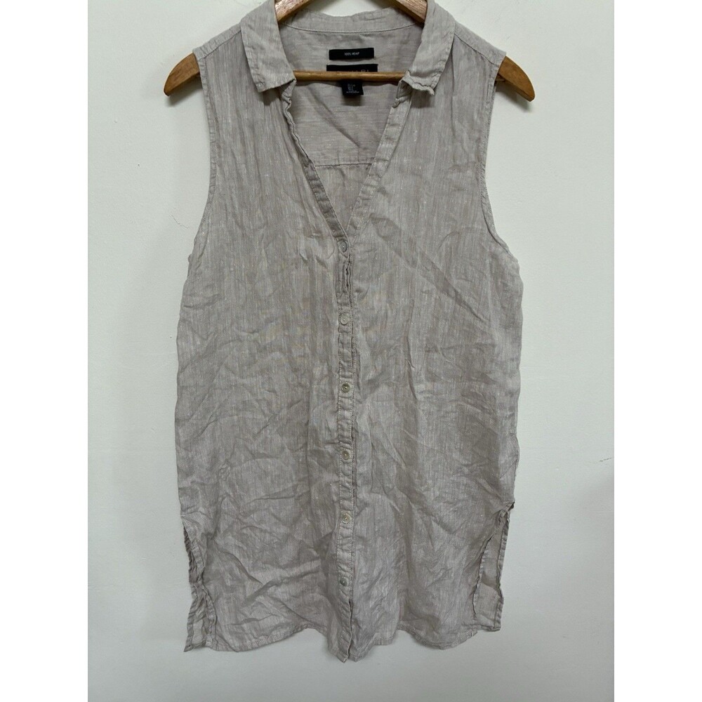 Tahari Womens 100% Hemp Sleeveless Button Down Tunic Shirt Beige Oatmeal Large